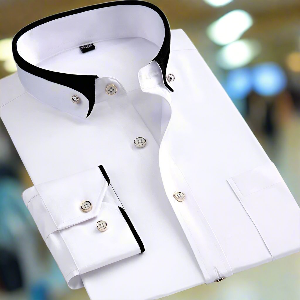 Détail du col et poignet de la chemise homme classique ajustée. Élégance et finition pour votre tenue de bureau.