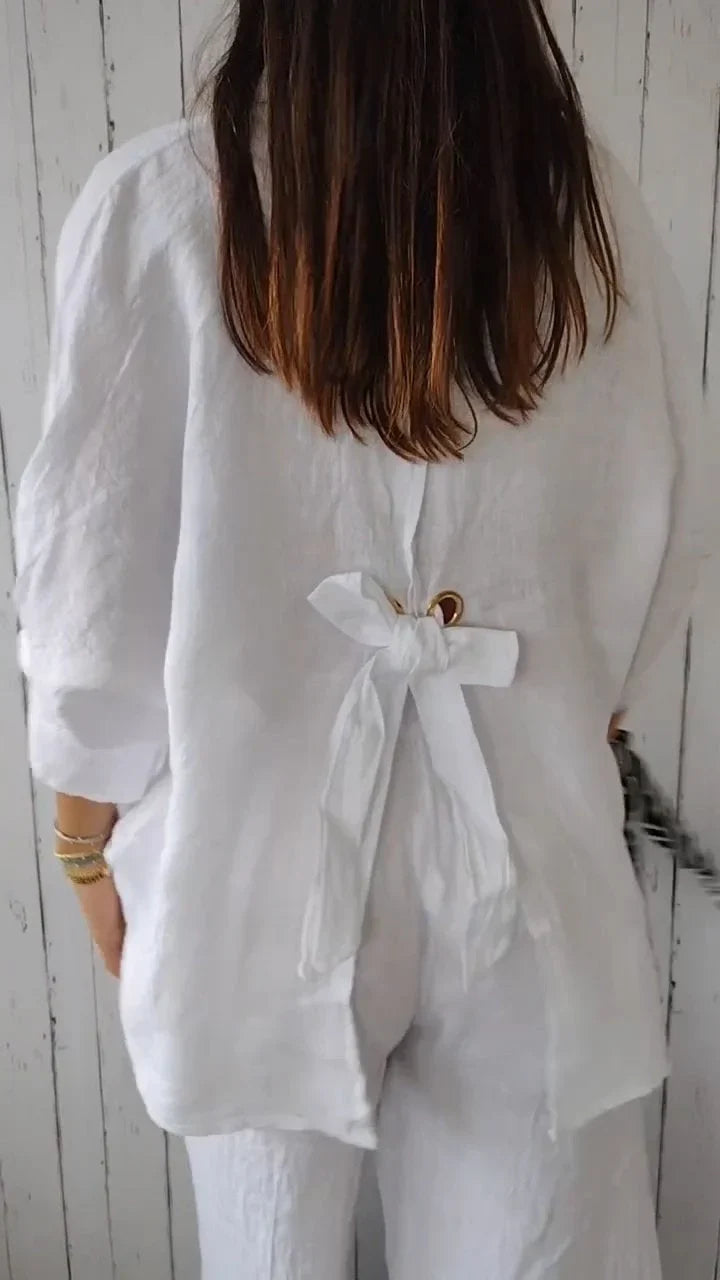Chemise Claudia en coton-lin, motif noué, élégante et confortable pour toutes occasions, style estival féminin.