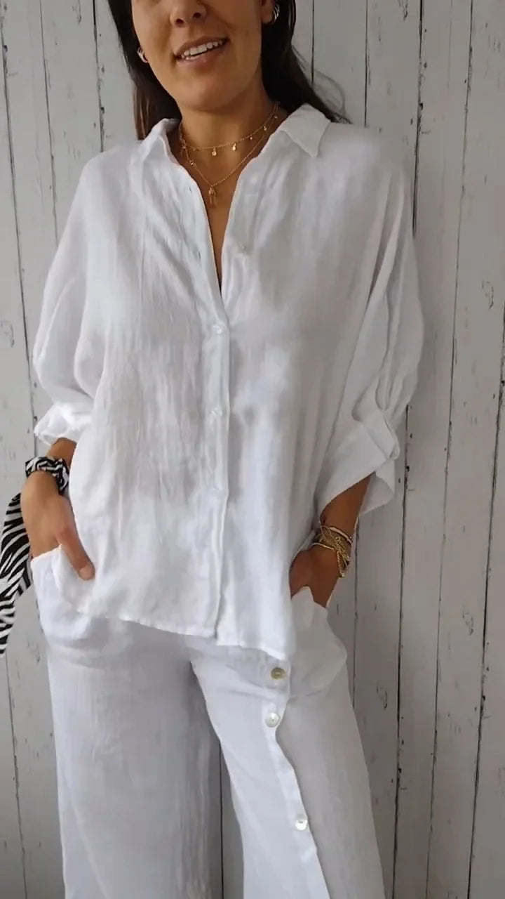 Chemise Claudia en coton-lin, motif noué, élégante et confortable pour toutes occasions, style estival féminin.