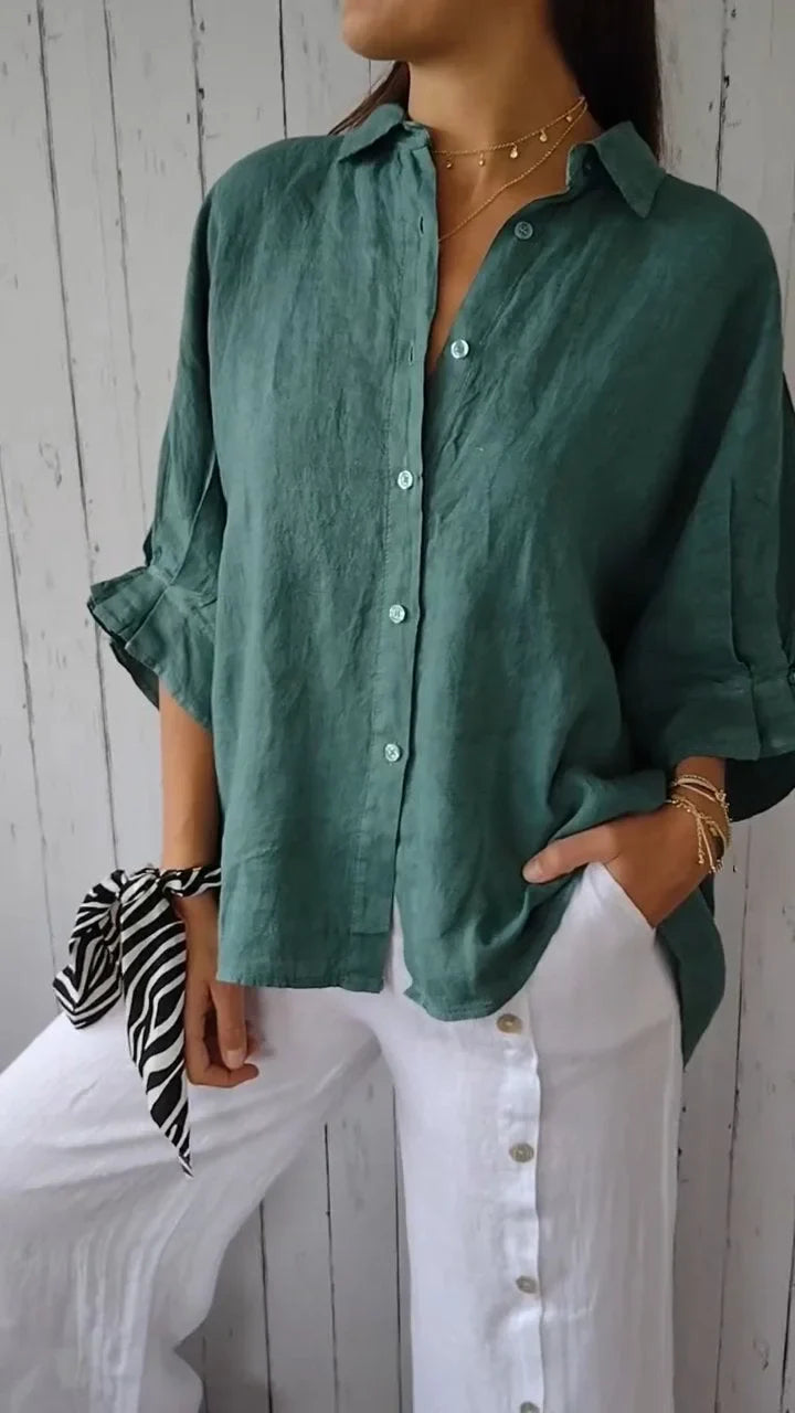 Chemise Claudia en coton-lin, motif noué, élégante et confortable pour toutes occasions, style estival féminin.