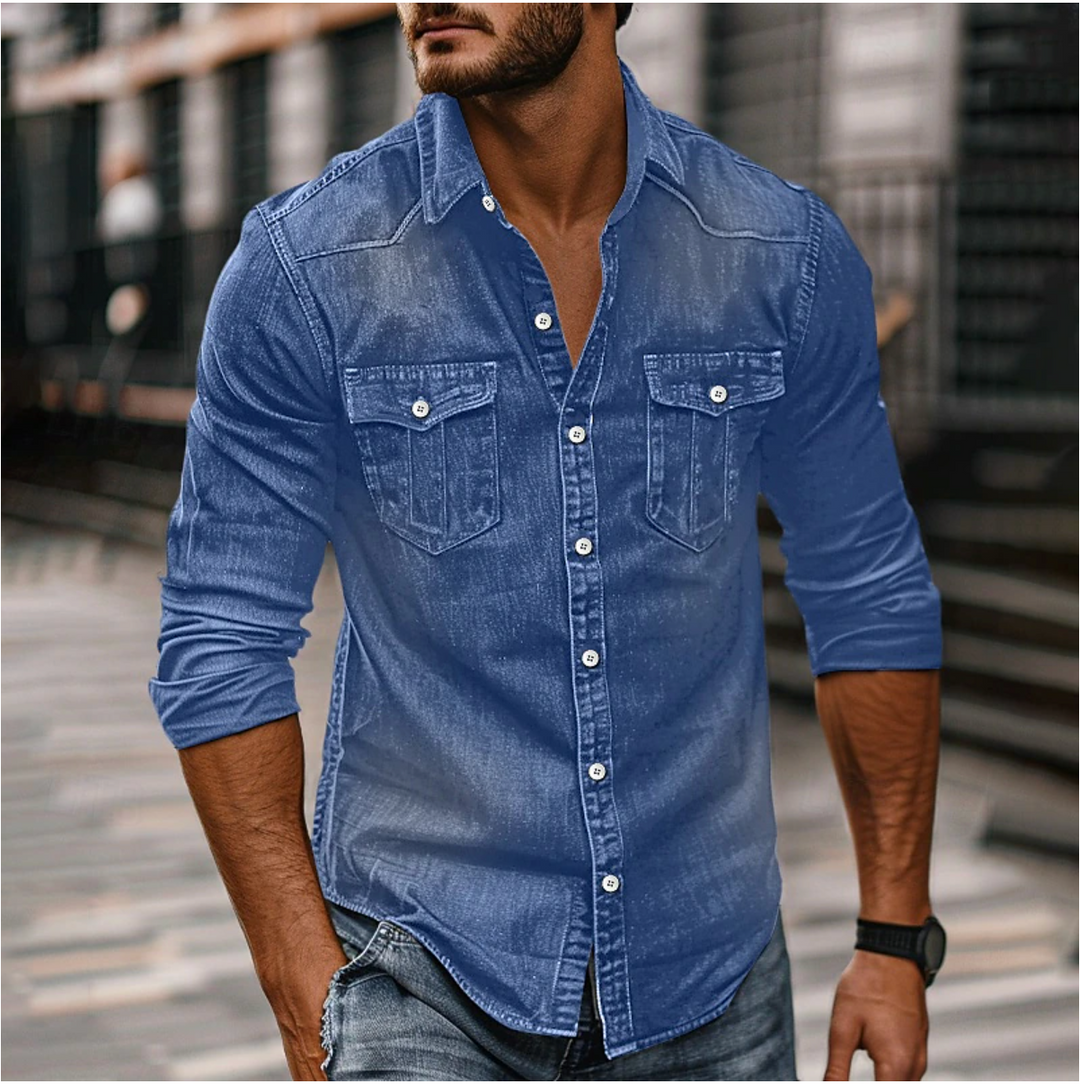 Chemise denim homme, coupe classique, poches poitrine, plusieurs couleurs.  Style décontracté et indémodable.