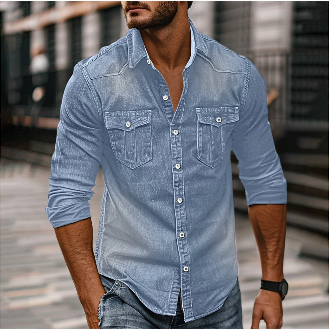 Chemise denim homme, coupe classique, poches poitrine, plusieurs couleurs.  Style décontracté et indémodable.