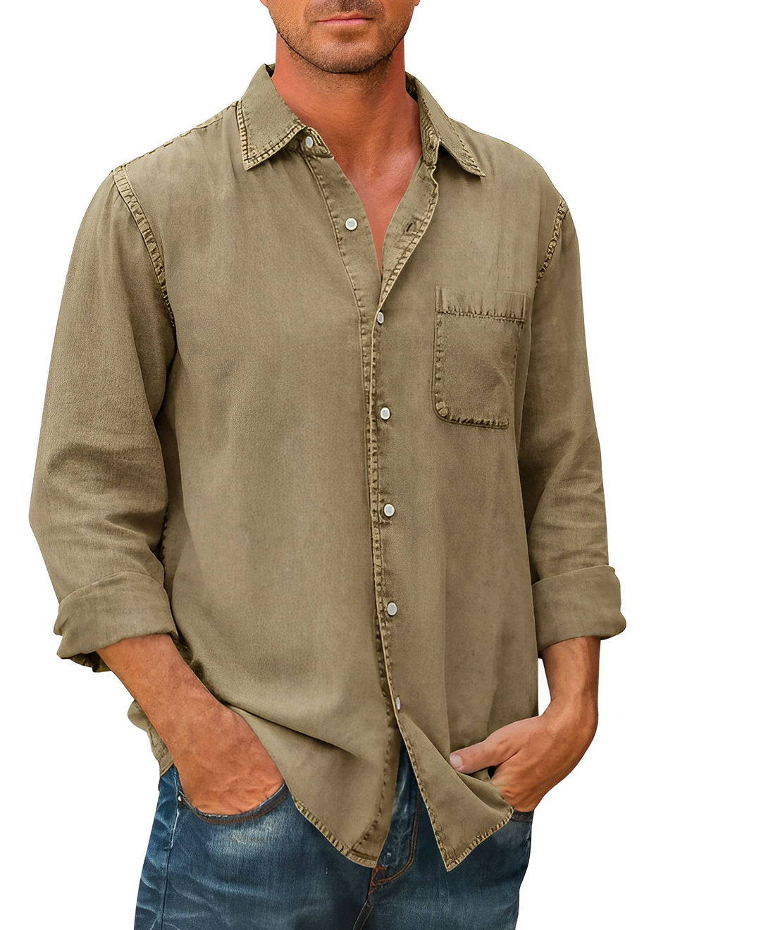 Chemise denim homme, manches longues, coupe classique. Style décontracté ou habillé. Denim de qualité.