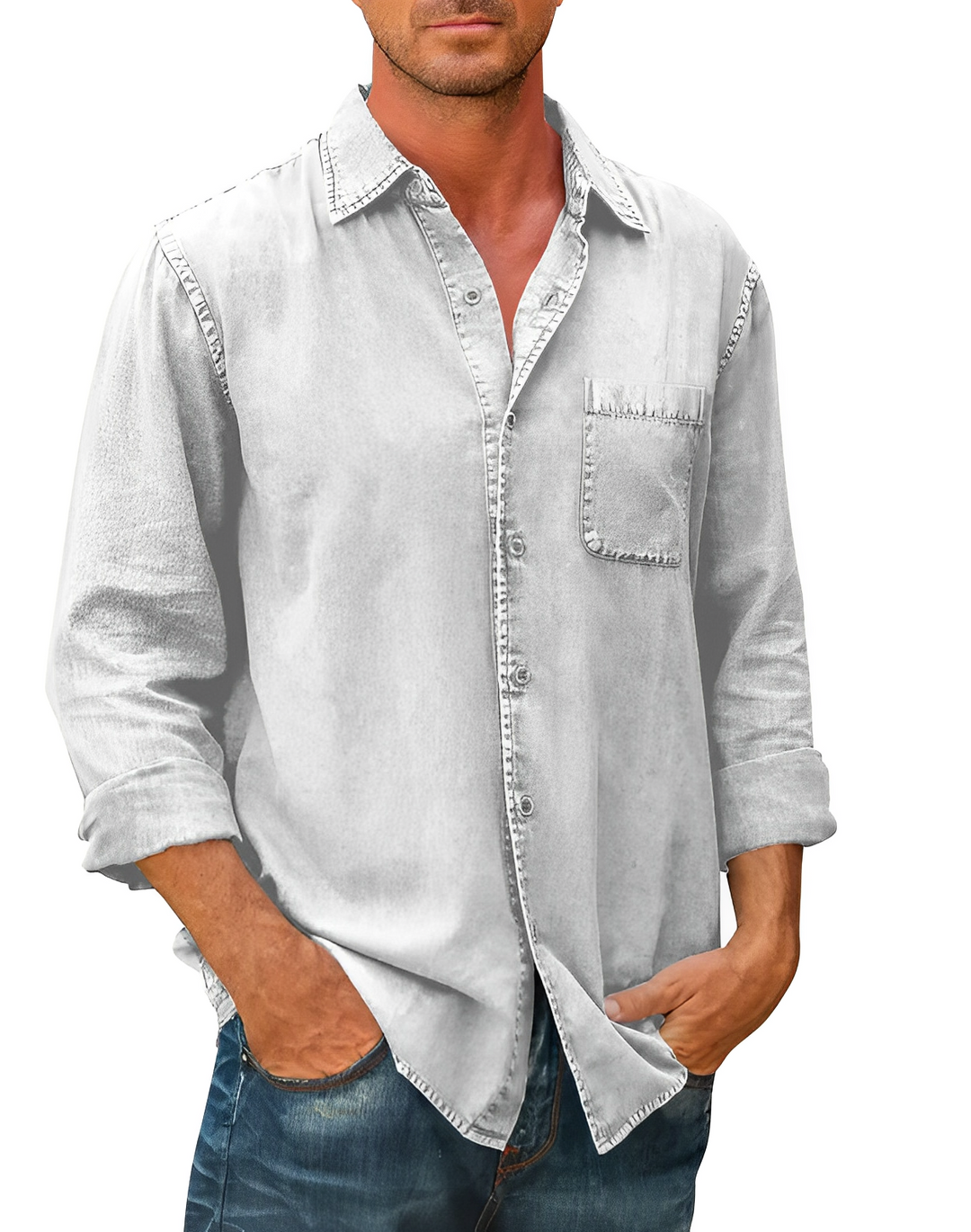 Chemise denim homme, manches longues, coupe classique. Style décontracté ou habillé. Denim de qualité.