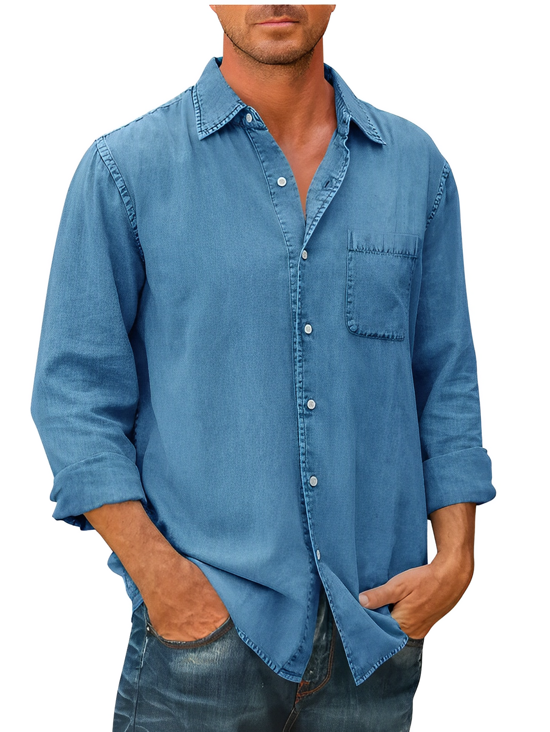Chemise denim homme, manches longues, coupe classique. Style décontracté ou habillé. Denim de qualité.