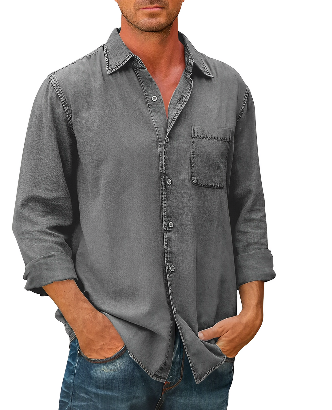 Chemise denim homme, manches longues, coupe classique. Style décontracté ou habillé. Denim de qualité.