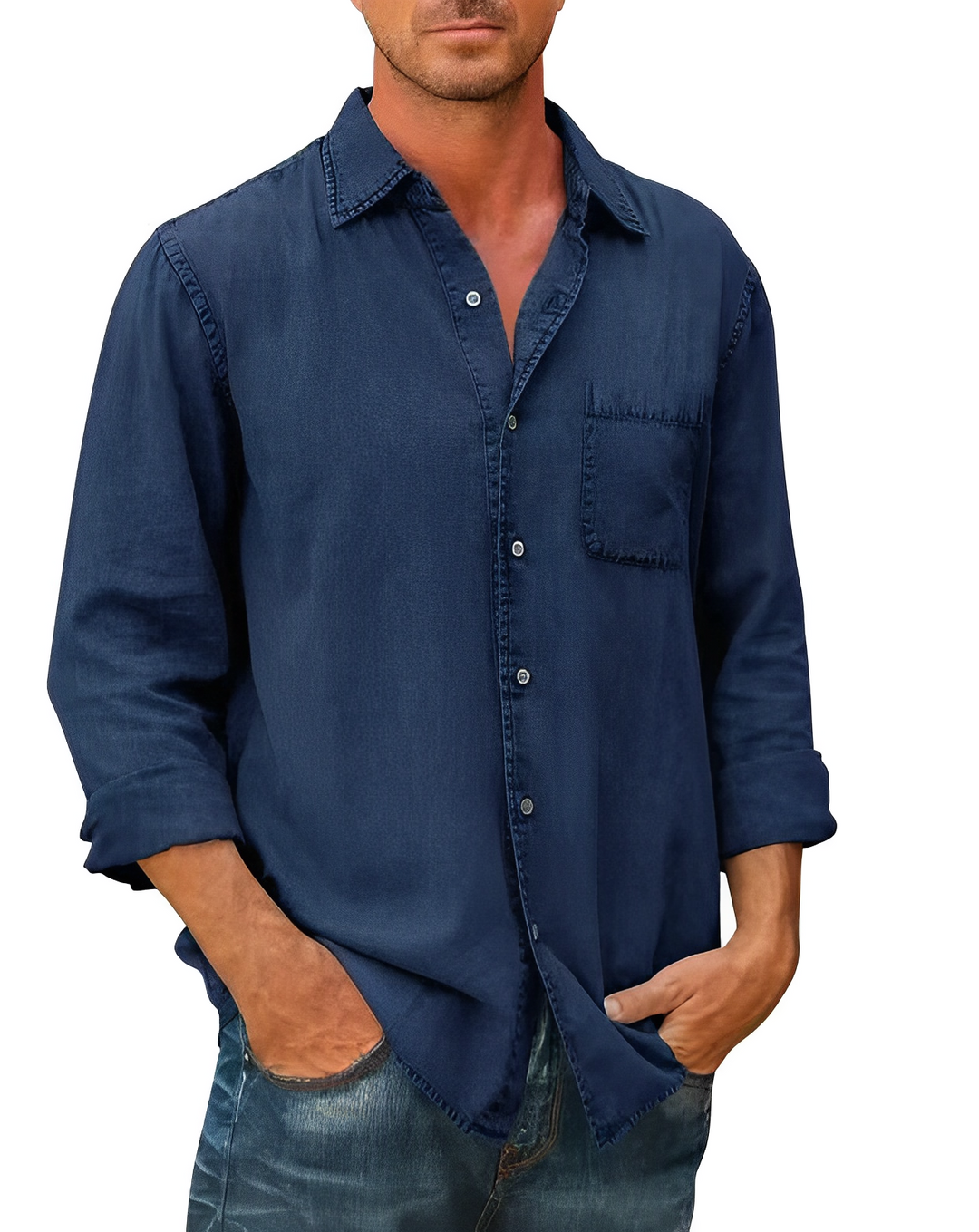 Chemise denim homme, manches longues, coupe classique. Style décontracté ou habillé. Denim de qualité.