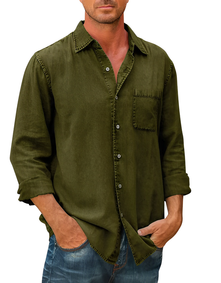 Chemise denim homme, manches longues, coupe classique. Style décontracté ou habillé. Denim de qualité.