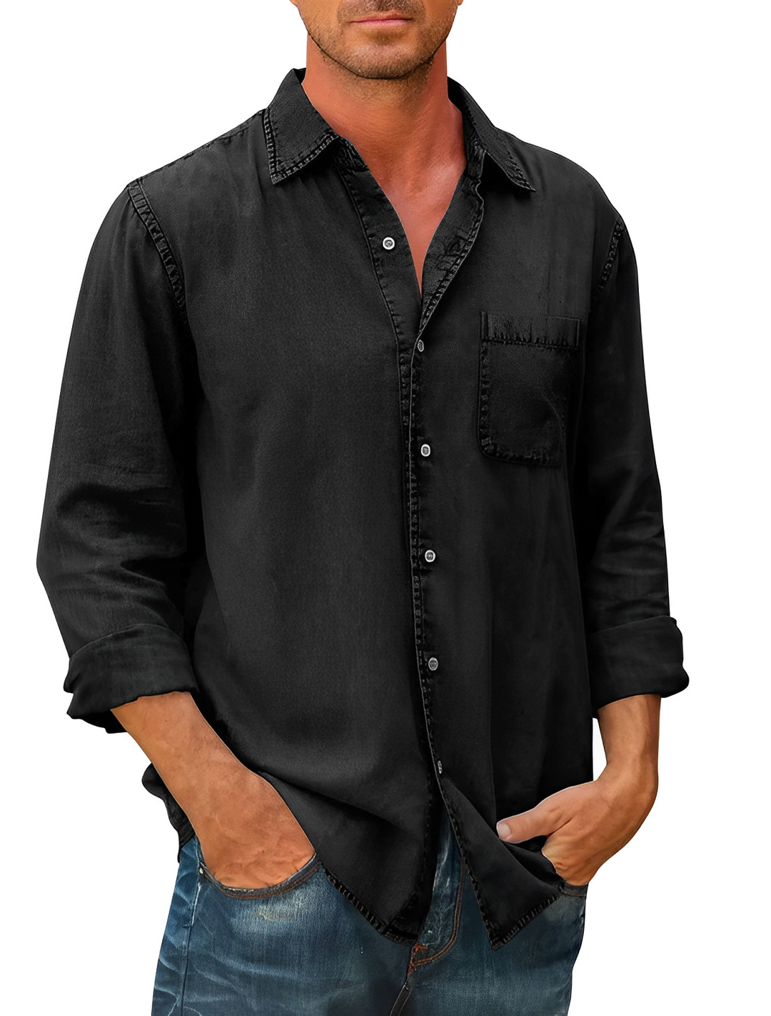 Chemise denim homme, manches longues, coupe classique. Style décontracté ou habillé. Denim de qualité.