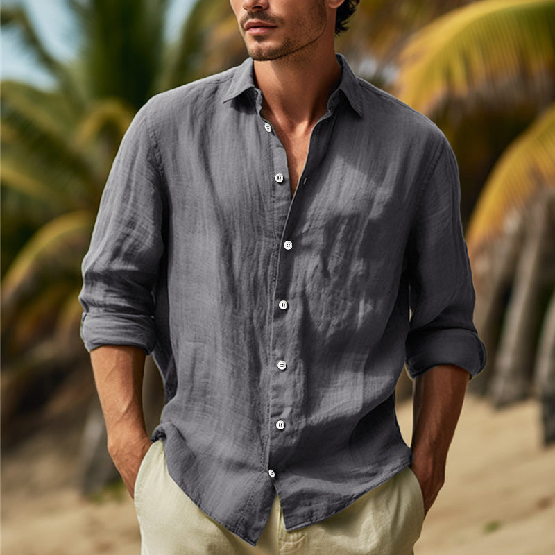 "Chemise élégante en lin homme, manches longues, tissu respirant, confortable et légère pour style raffiné."
