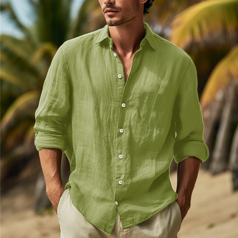 "Chemise élégante en lin homme, manches longues, tissu respirant, confortable et légère pour style raffiné."