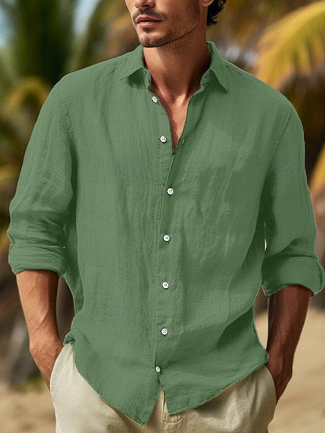 "Chemise élégante en lin homme, manches longues, tissu respirant, confortable et légère pour style raffiné."