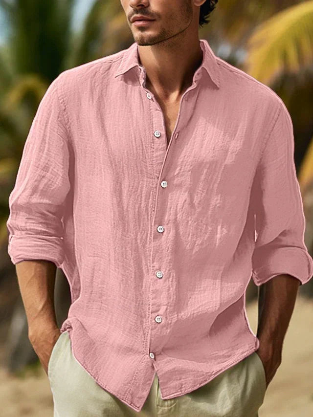 "Chemise élégante en lin homme, manches longues, tissu respirant, confortable et légère pour style raffiné."