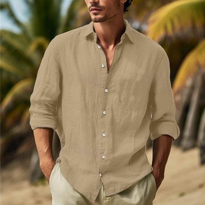 "Chemise élégante en lin homme, manches longues, tissu respirant, confortable et légère pour style raffiné."