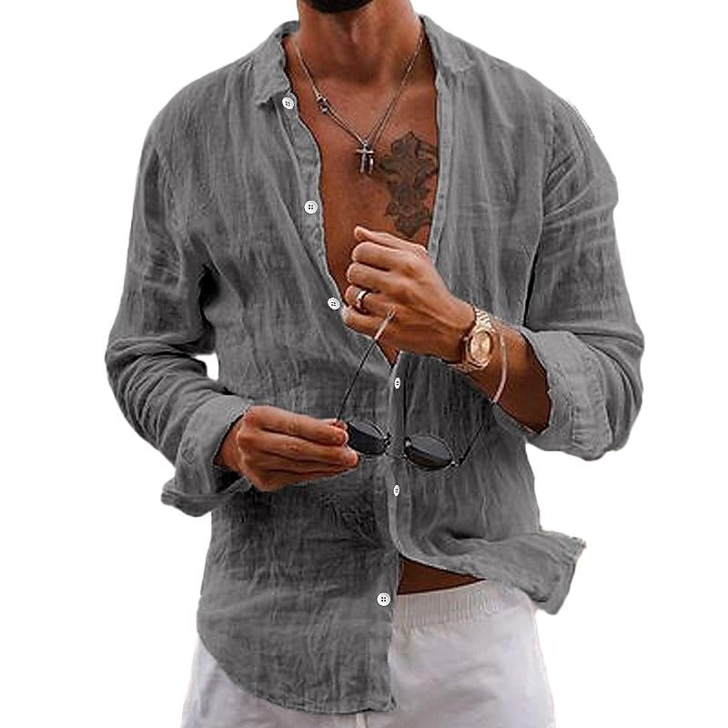"Chemise en coton-lin pour hommes, style décontracté, couleur unie, col classique, idéale pour été, coupe moderne."