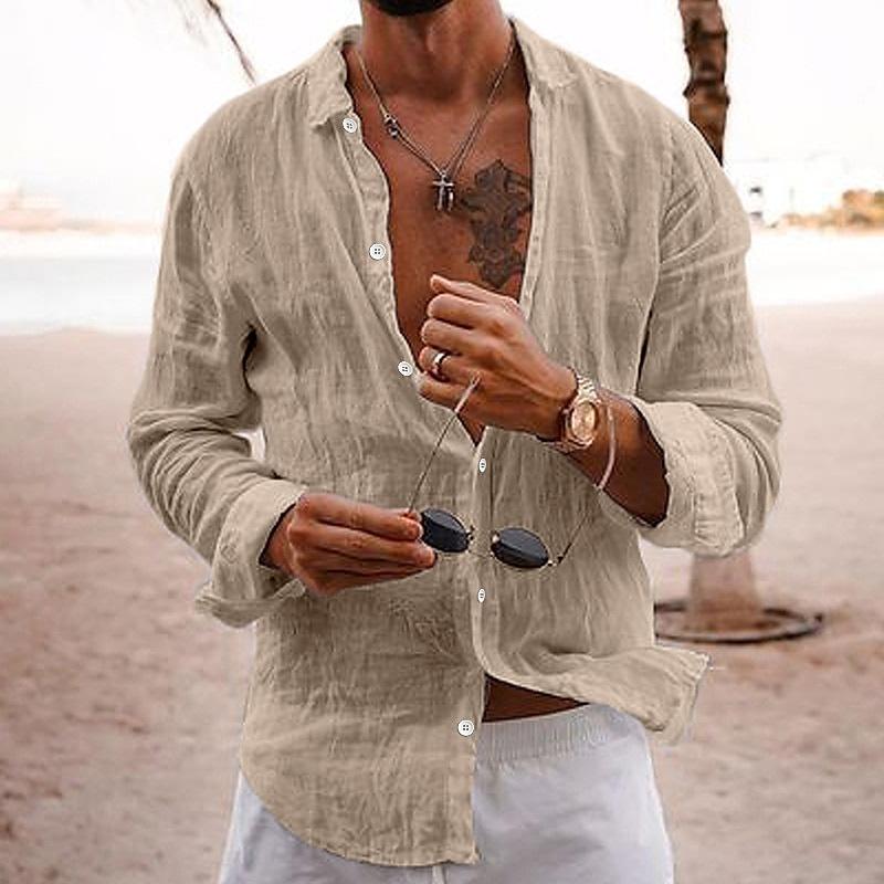 "Chemise en coton-lin pour hommes, style décontracté, couleur unie, col classique, idéale pour été, coupe moderne."