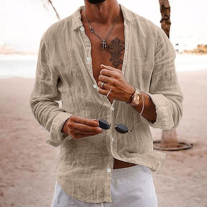 "Chemise en coton-lin pour hommes, style décontracté, couleur unie, col classique, idéale pour été, coupe moderne."