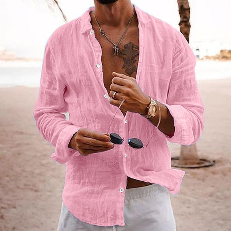 "Chemise en coton-lin pour hommes, style décontracté, couleur unie, col classique, idéale pour été, coupe moderne."