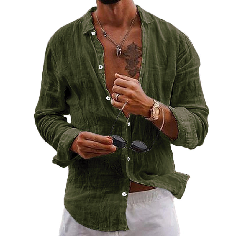 "Chemise en coton-lin pour hommes, style décontracté, couleur unie, col classique, idéale pour été, coupe moderne."