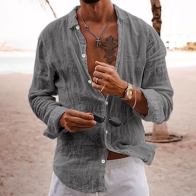 "Chemise en coton-lin pour hommes, style décontracté, couleur unie, col classique, idéale pour été, coupe moderne."
