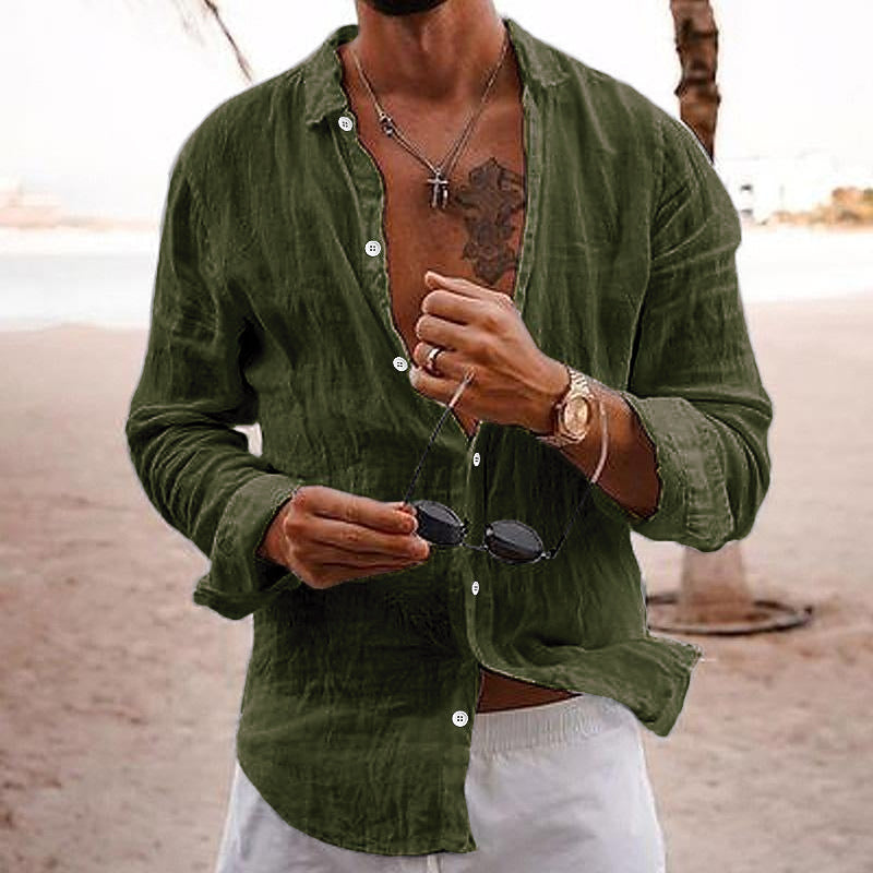 "Chemise en coton-lin pour hommes, style décontracté, couleur unie, col classique, idéale pour été, coupe moderne."