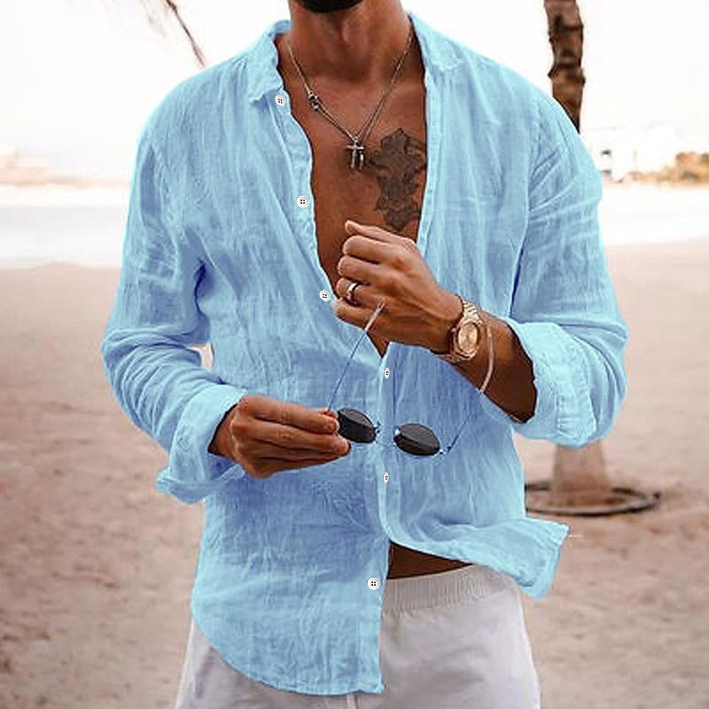 "Chemise en coton-lin pour hommes, style décontracté, couleur unie, col classique, idéale pour été, coupe moderne."