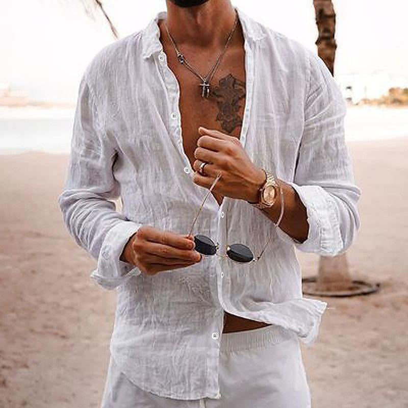 "Chemise en coton-lin pour hommes, style décontracté, couleur unie, col classique, idéale pour été, coupe moderne."