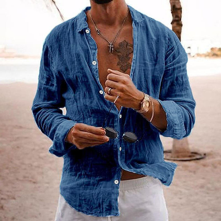 "Chemise en coton-lin pour hommes, style décontracté, couleur unie, col classique, idéale pour été, coupe moderne."