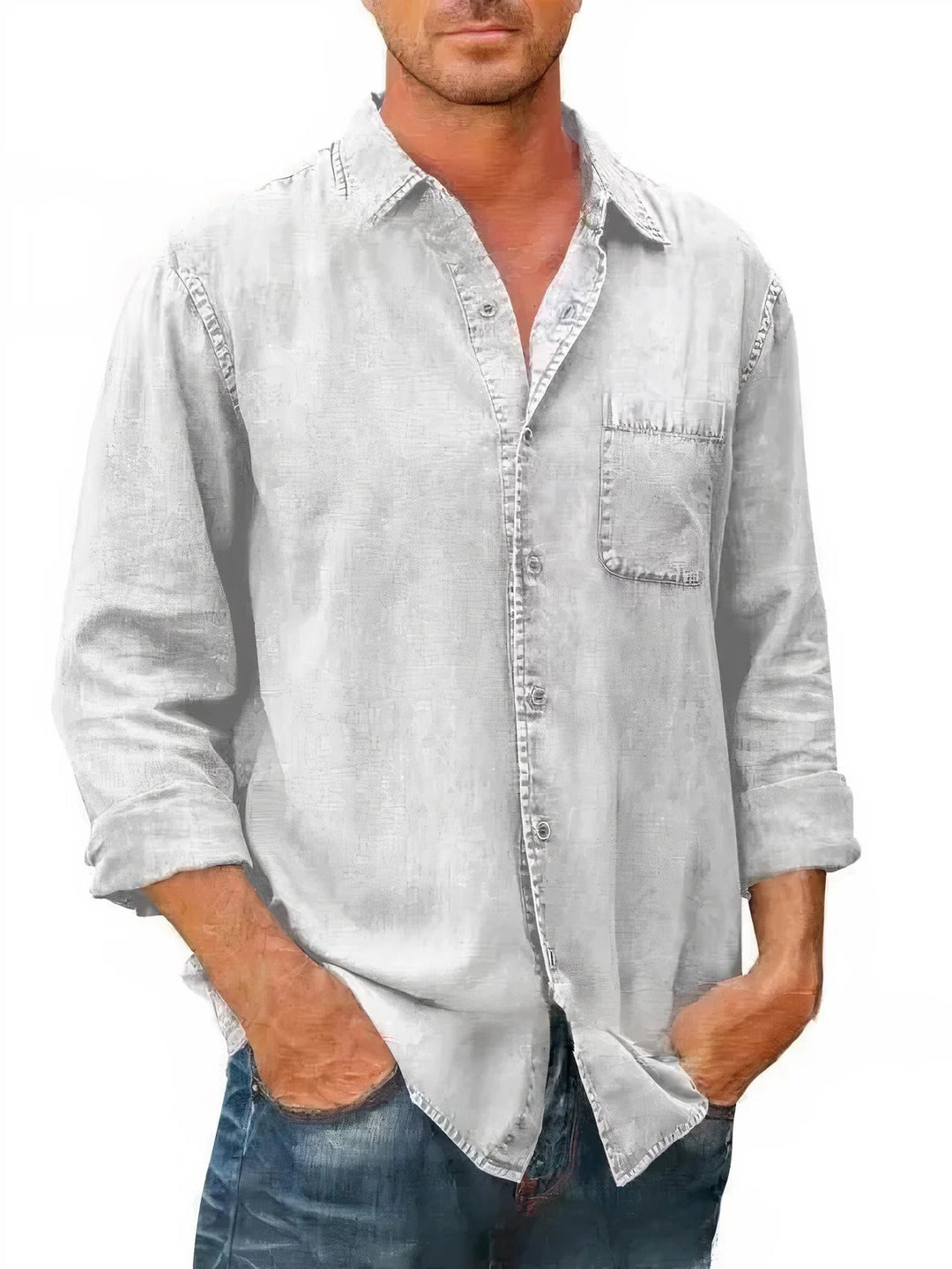"Chemise en jean homme, bleu clair, manches longues, look décontracté et élégant pour l'été, poche poitrine"