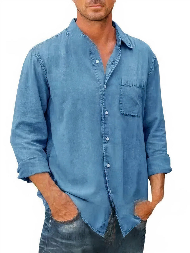 "Chemise en jean homme, bleu clair, manches longues, look décontracté et élégant pour l'été, poche poitrine"