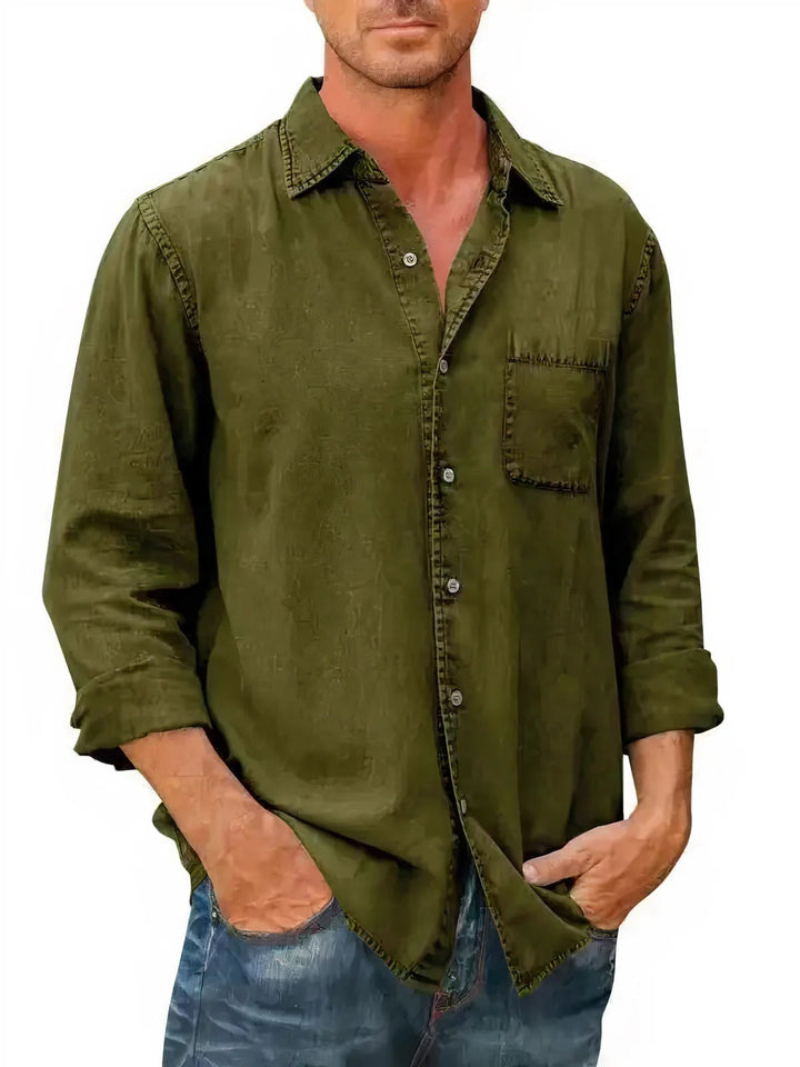 "Chemise en jean homme, bleu clair, manches longues, look décontracté et élégant pour l'été, poche poitrine"