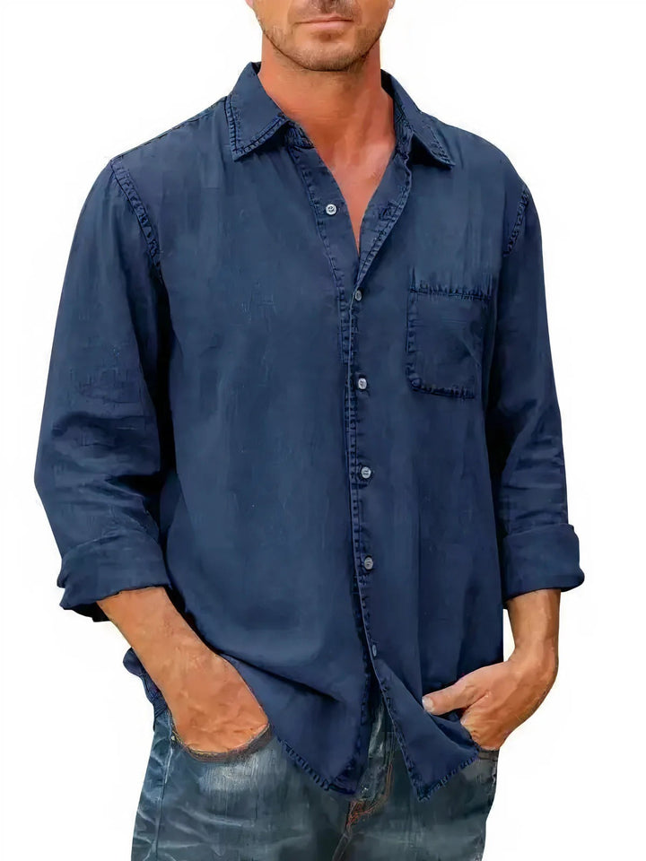 "Chemise en jean homme, bleu clair, manches longues, look décontracté et élégant pour l'été, poche poitrine"