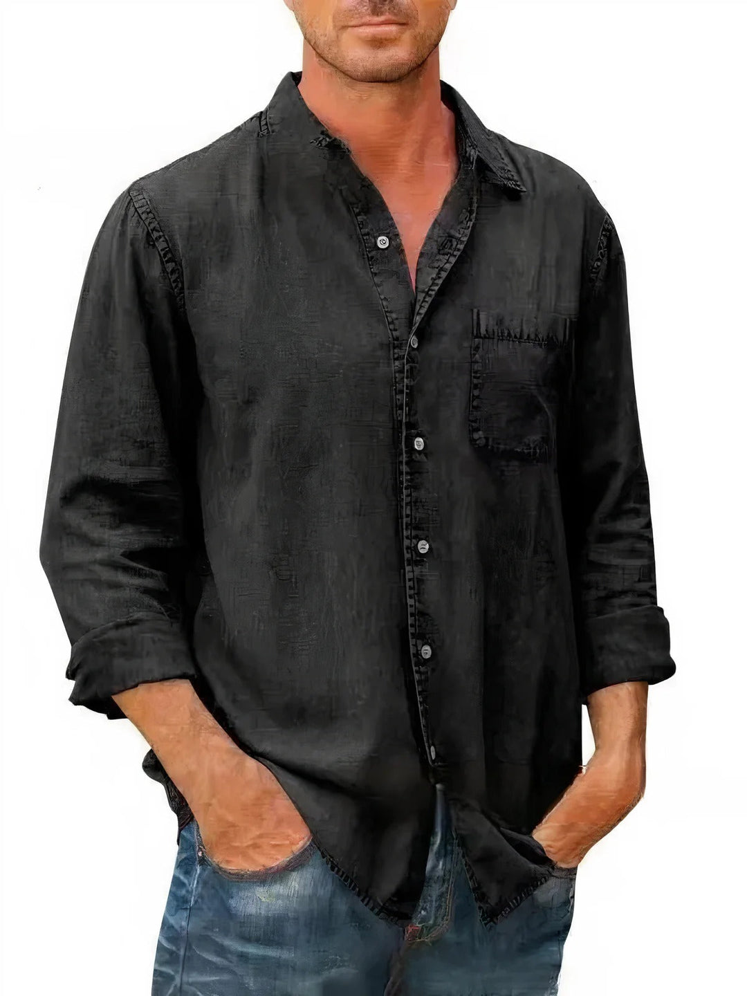 "Chemise en jean homme, bleu clair, manches longues, look décontracté et élégant pour l'été, poche poitrine"