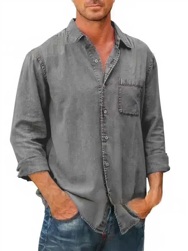 "Chemise en jean homme, bleu clair, manches longues, look décontracté et élégant pour l'été, poche poitrine"