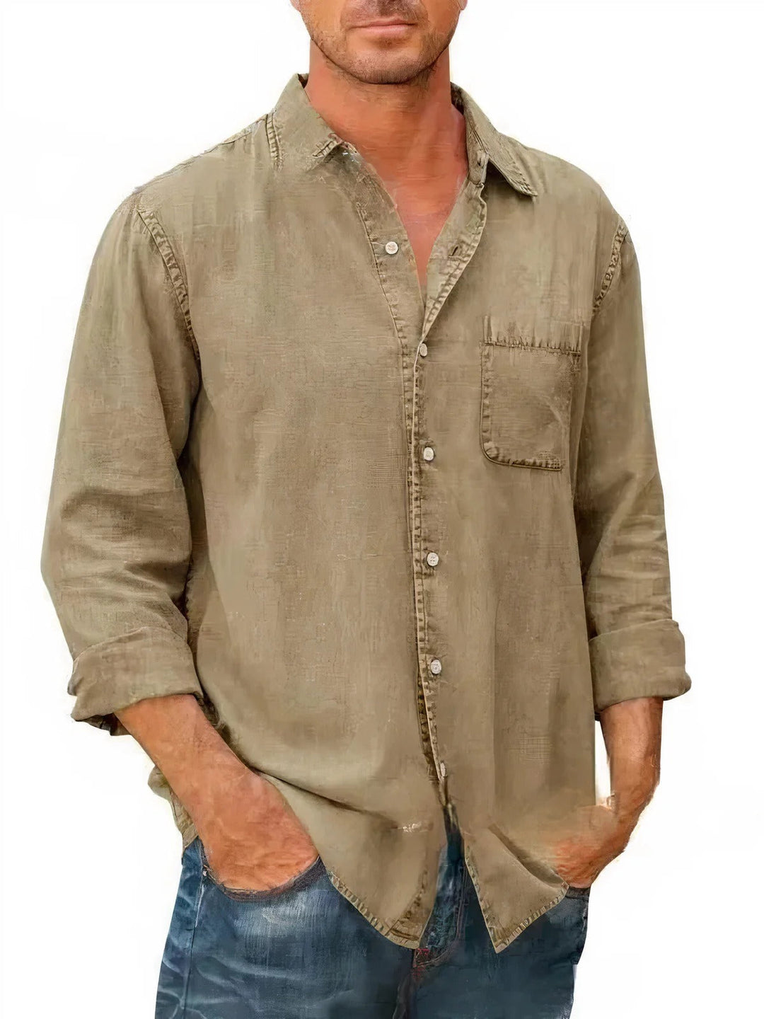 "Chemise en jean homme, bleu clair, manches longues, look décontracté et élégant pour l'été, poche poitrine"