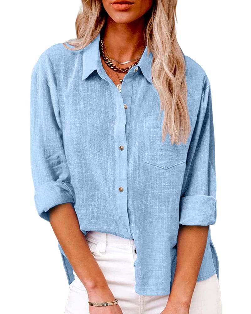 Chemise en lin bleu profond femme, manches longues, boutons contrastants, poche poitrine, style décontracté élégant.