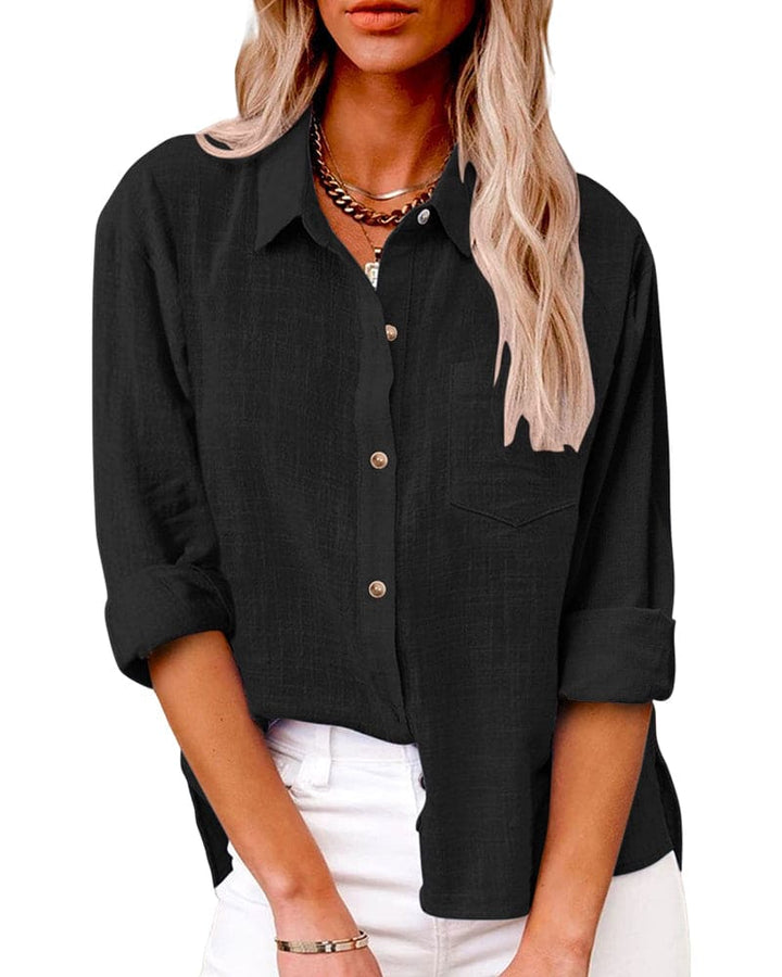 Chemise en lin bleu profond femme, manches longues, boutons contrastants, poche poitrine, style décontracté élégant.