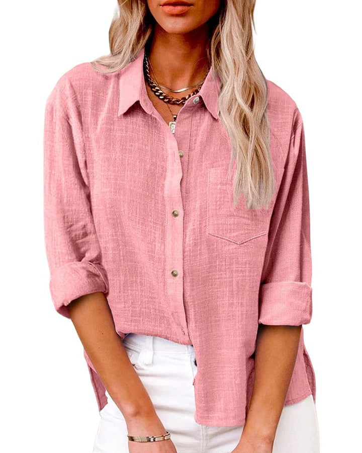 Chemise en lin bleu profond femme, manches longues, boutons contrastants, poche poitrine, style décontracté élégant.