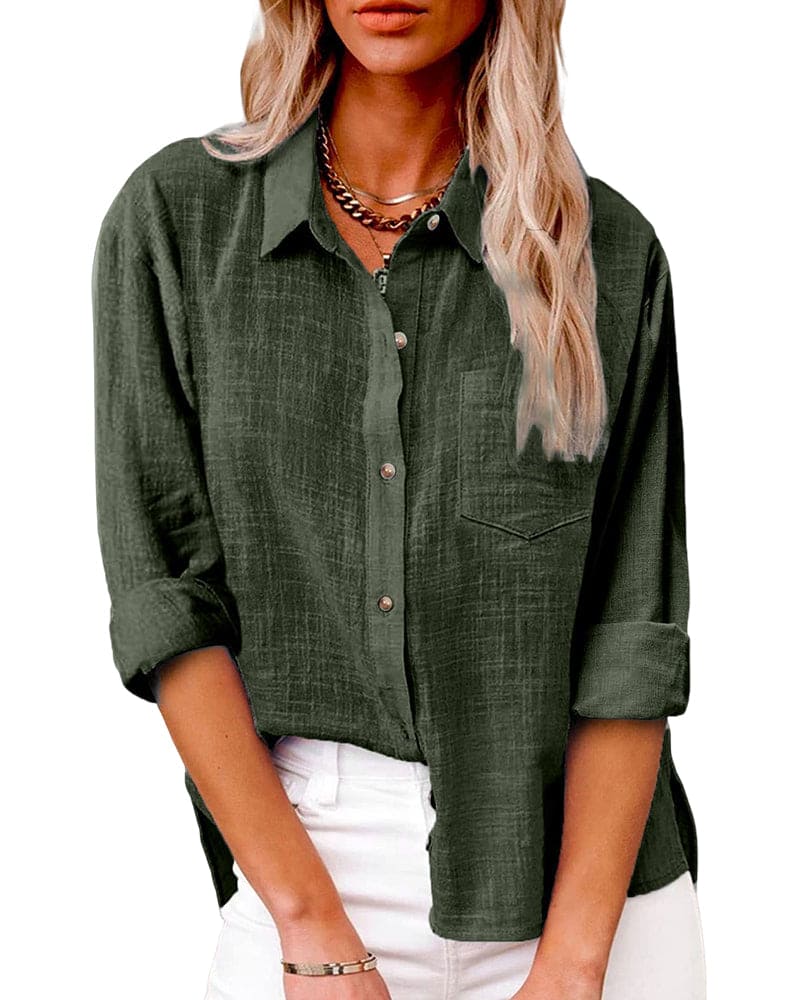 Chemise en lin bleu profond femme, manches longues, boutons contrastants, poche poitrine, style décontracté élégant.