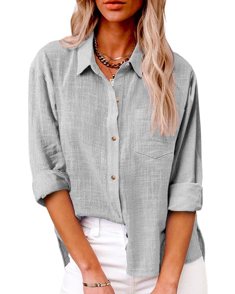 Chemise en lin bleu profond femme, manches longues, boutons contrastants, poche poitrine, style décontracté élégant.