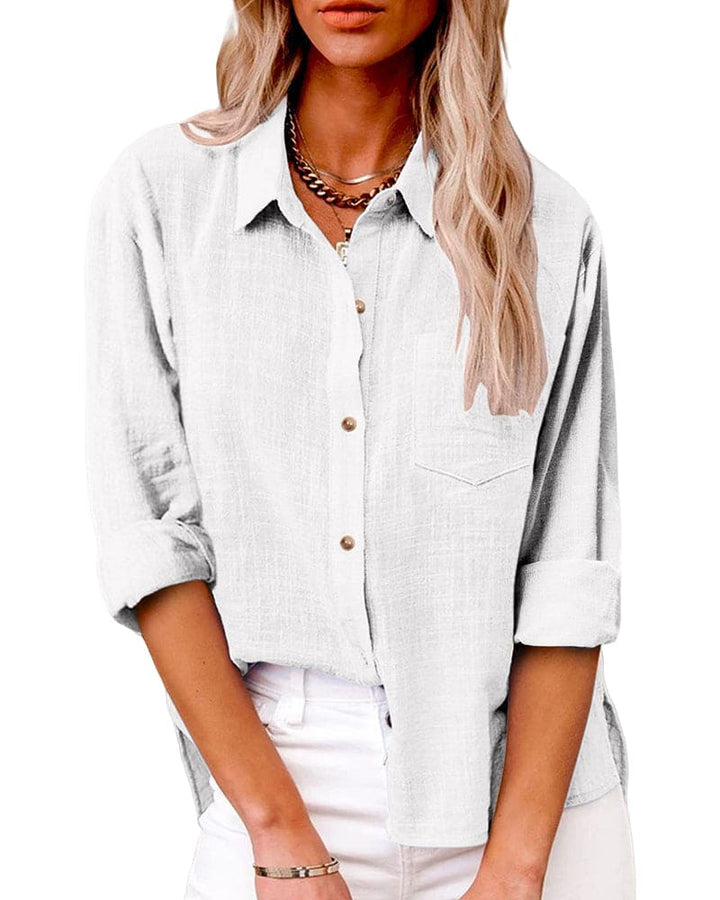 Chemise en lin bleu profond femme, manches longues, boutons contrastants, poche poitrine, style décontracté élégant.