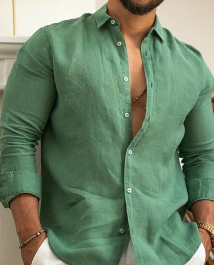"Chemise en lin élégante pour femmes, douce texture, design chic, couleurs variées : vert, blanc, bleu, noir, rose."