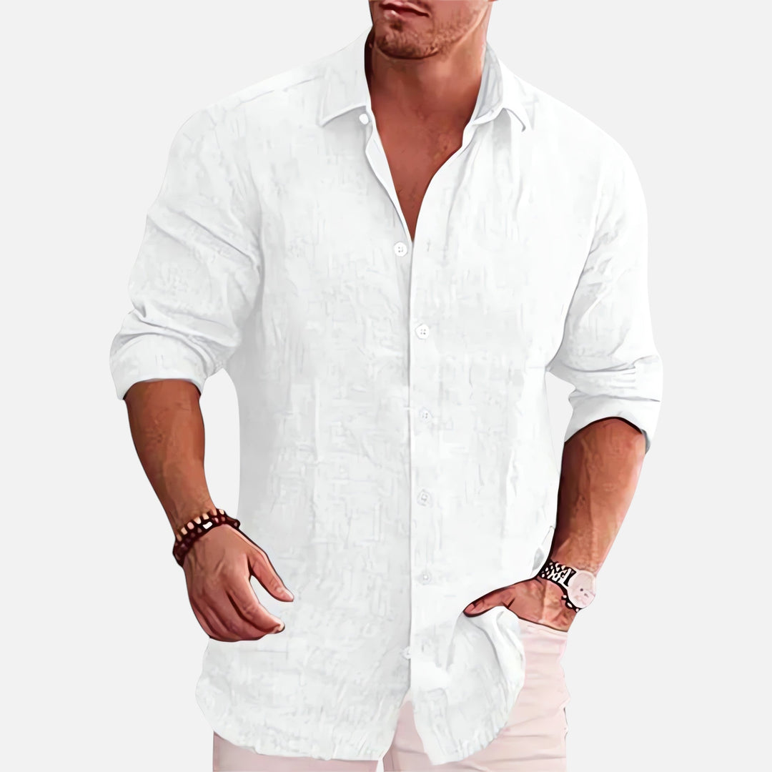 Chemise en lin homme élégante, manches longues, texture légère et respirante, idéale pour l'été et occasions décontractées.
