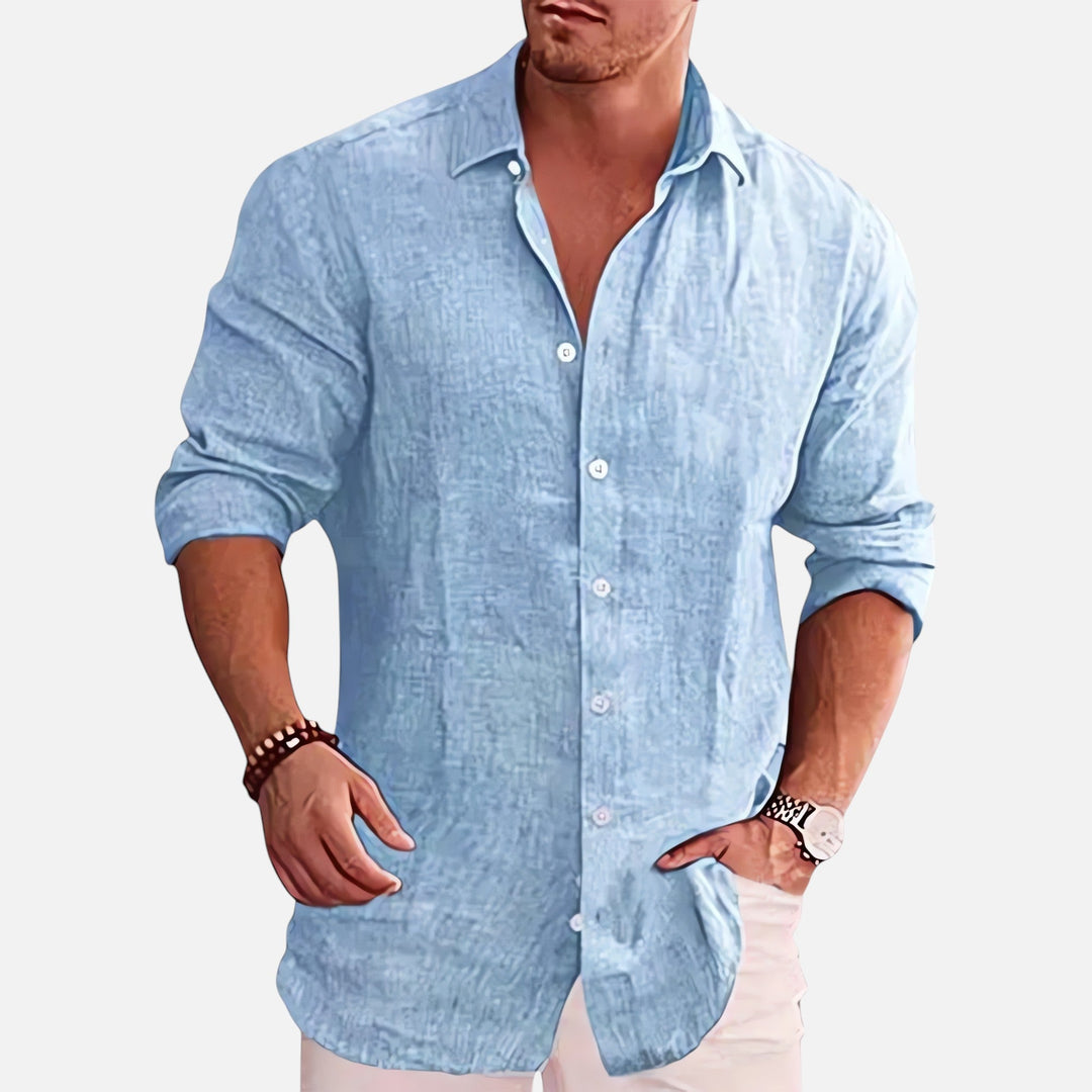 Chemise en lin homme élégante, manches longues, texture légère et respirante, idéale pour l'été et occasions décontractées.