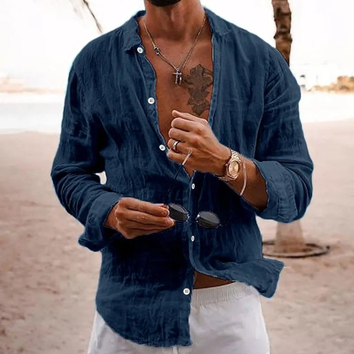 "Chemise en lin léger pour hommes, coupe ample, coloris uni, col classique, idéale pour l'été, respirante et élégante."
