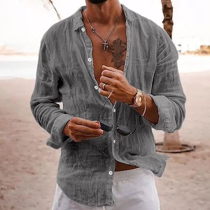 "Chemise en lin léger pour hommes, coupe ample, coloris uni, col classique, idéale pour l'été, respirante et élégante."
