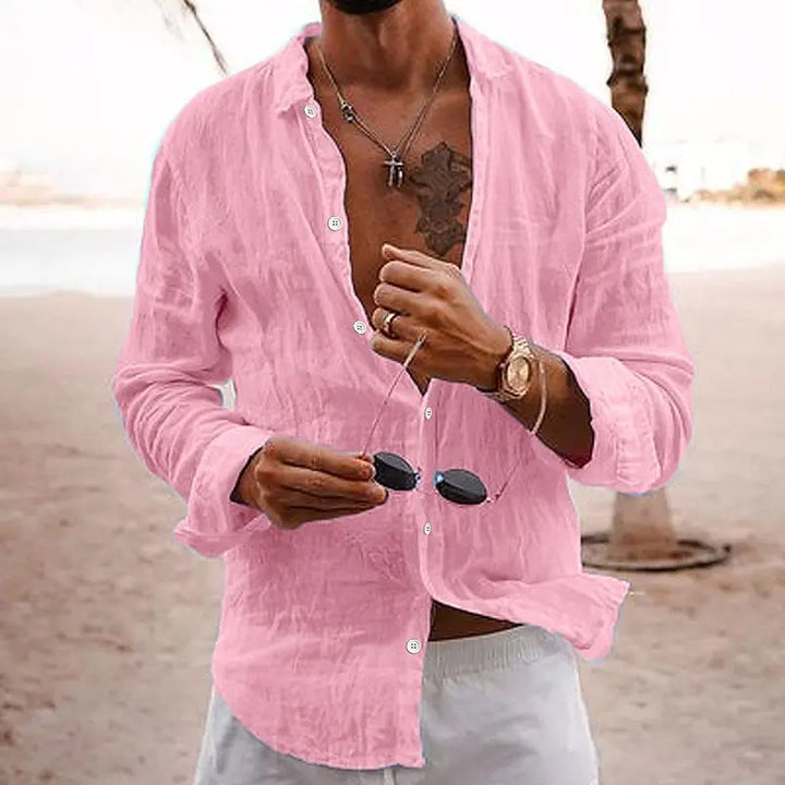 "Chemise en lin léger pour hommes, coupe ample, coloris uni, col classique, idéale pour l'été, respirante et élégante."