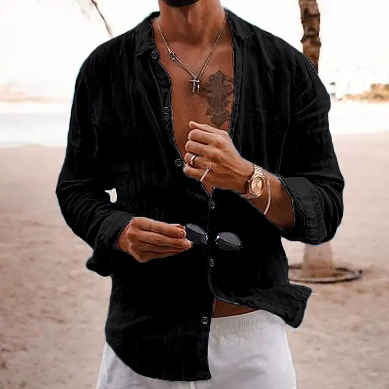 "Chemise en lin léger pour hommes, coupe ample, coloris uni, col classique, idéale pour l'été, respirante et élégante."