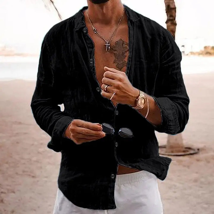 "Chemise en lin léger pour hommes, coupe ample, coloris uni, col classique, idéale pour l'été, respirante et élégante."