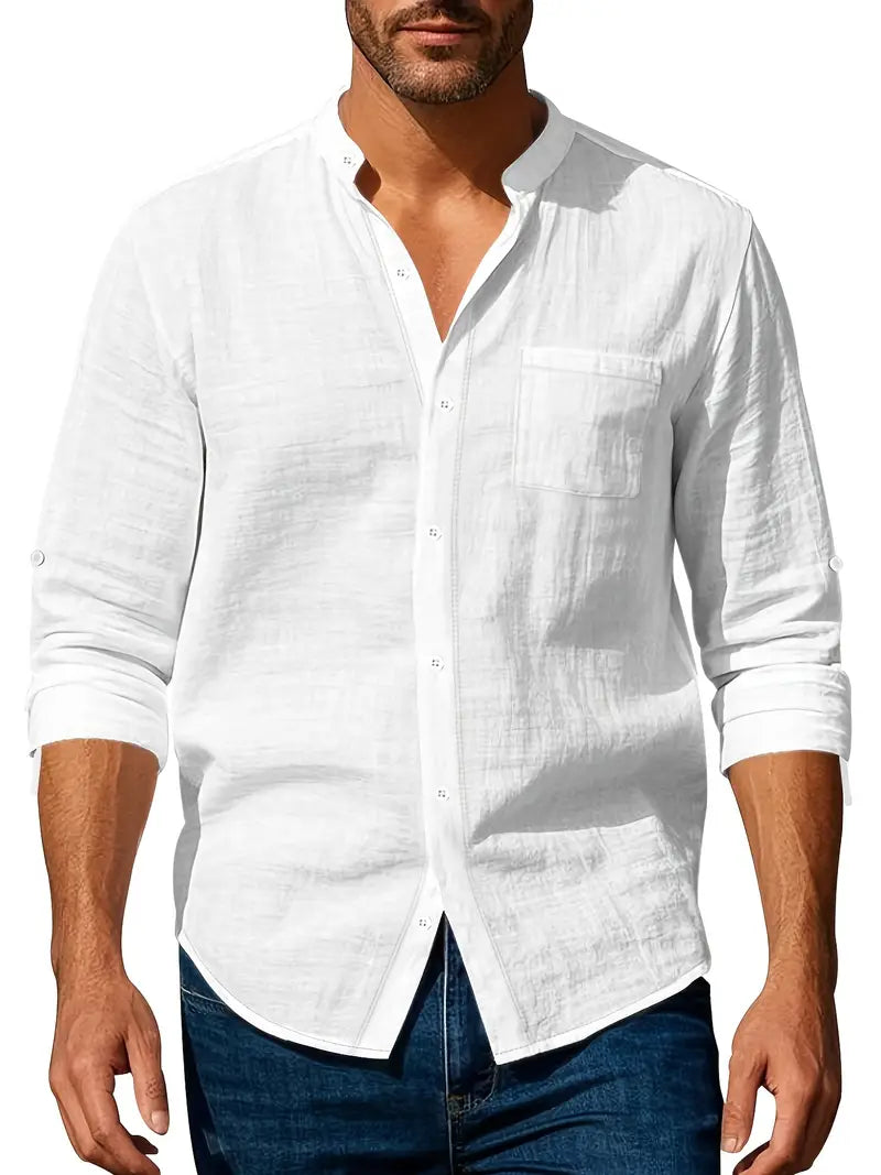 "Chemise en lin légère pour homme, style décontracté, idéale pour l'été, haute respirabilité, couleur naturelle."